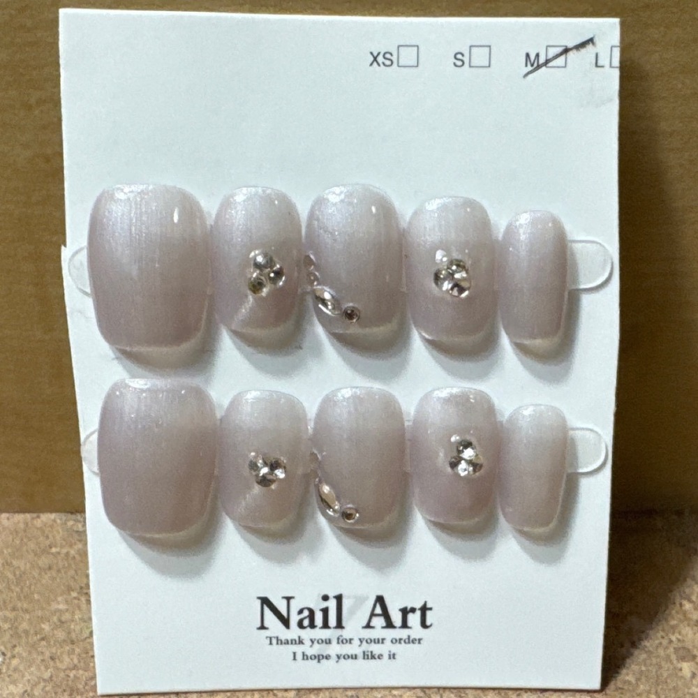 Press On Nails Pearlescent Shimmer Rhinestone Accent Square Size Medium